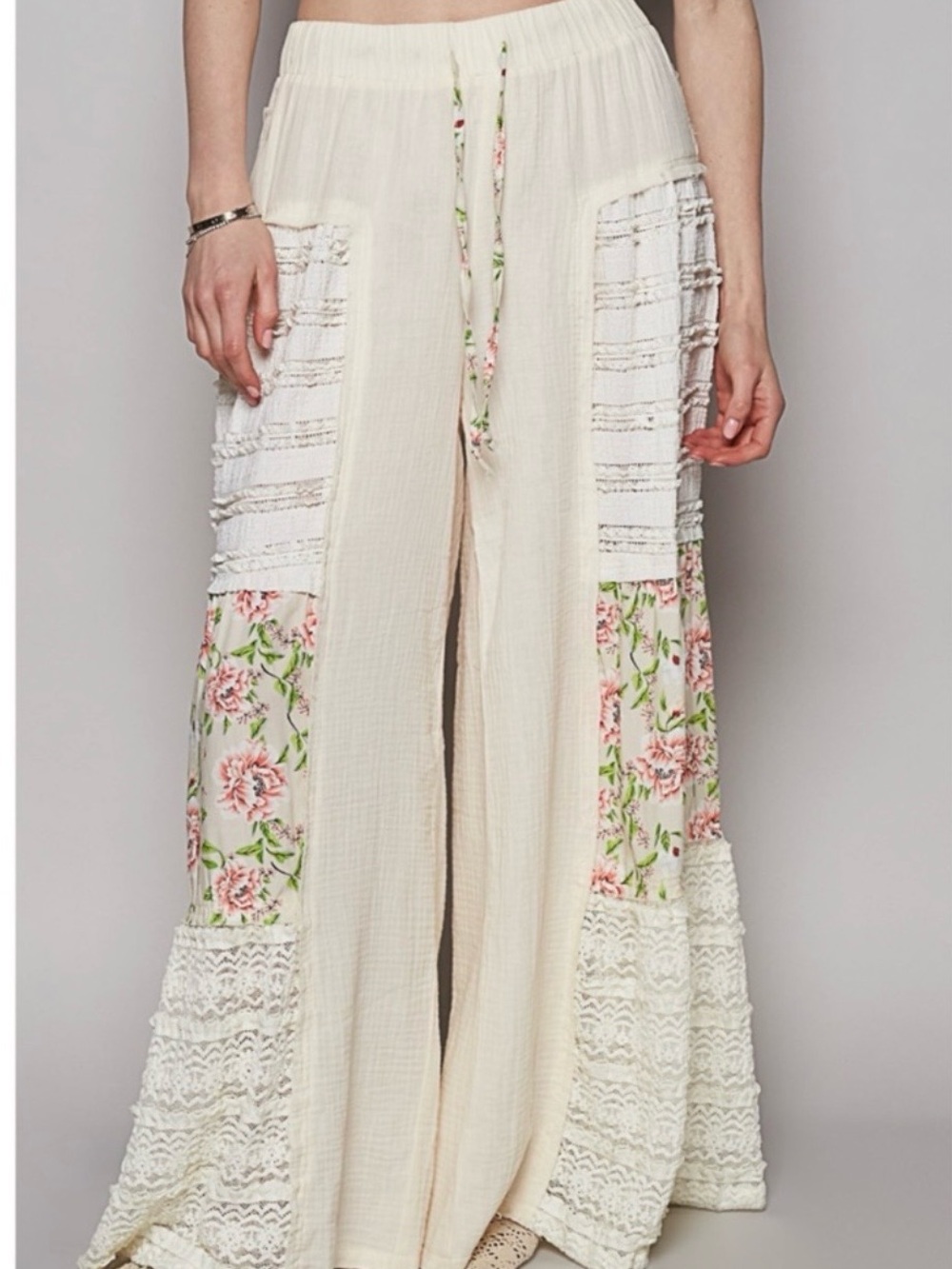 POL Cream Wide-Leg Boho Pants with Pink Floral Panels